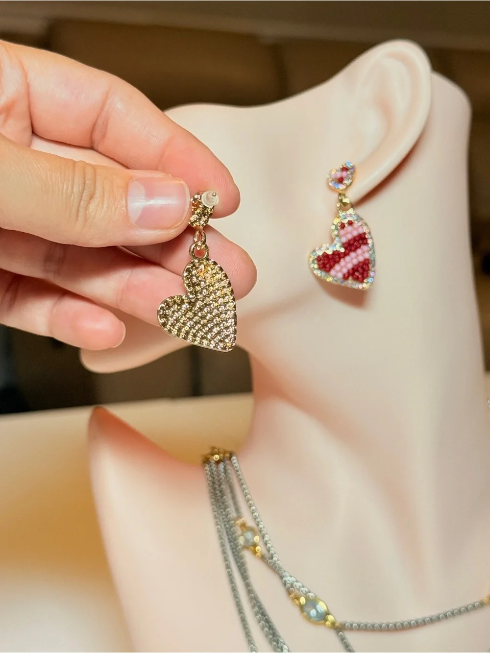 Gold-Tone Red Beaded Heart Drop Earrings